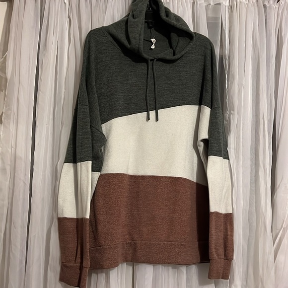 Pullover Hoodie Sweater By Beeson River/Brown Cream & Army Green Stripes size - Picture 2 of 11